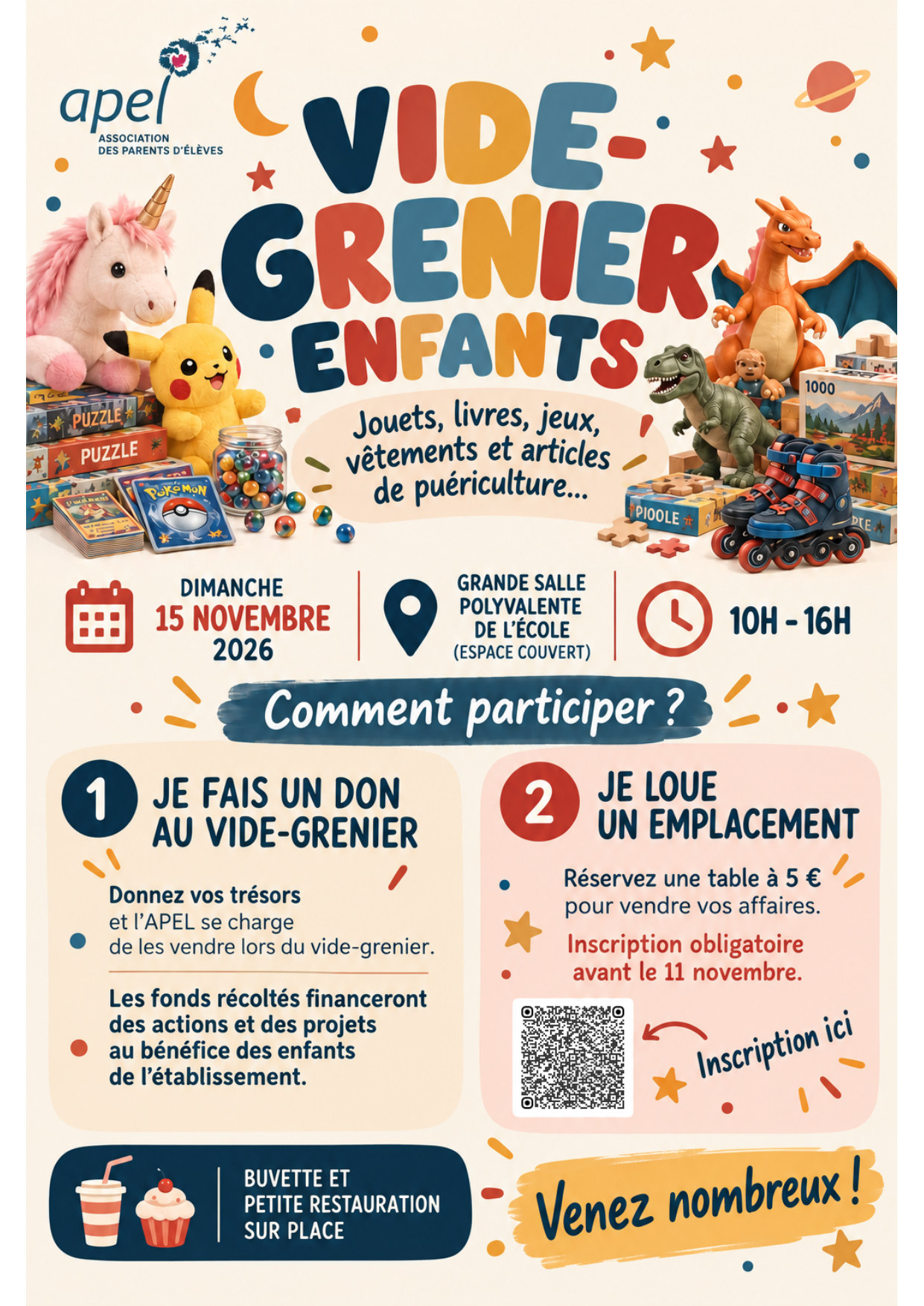 Affiche du vide-grenier spécial enfants de l'APEL : dimanche 15 novembre 2026, de 10 h à 16 h, dans la grande salle polyvalente de l'école. Dons ou location de table à 5 €, inscription avant le 11 novembre, buvette sur place.
